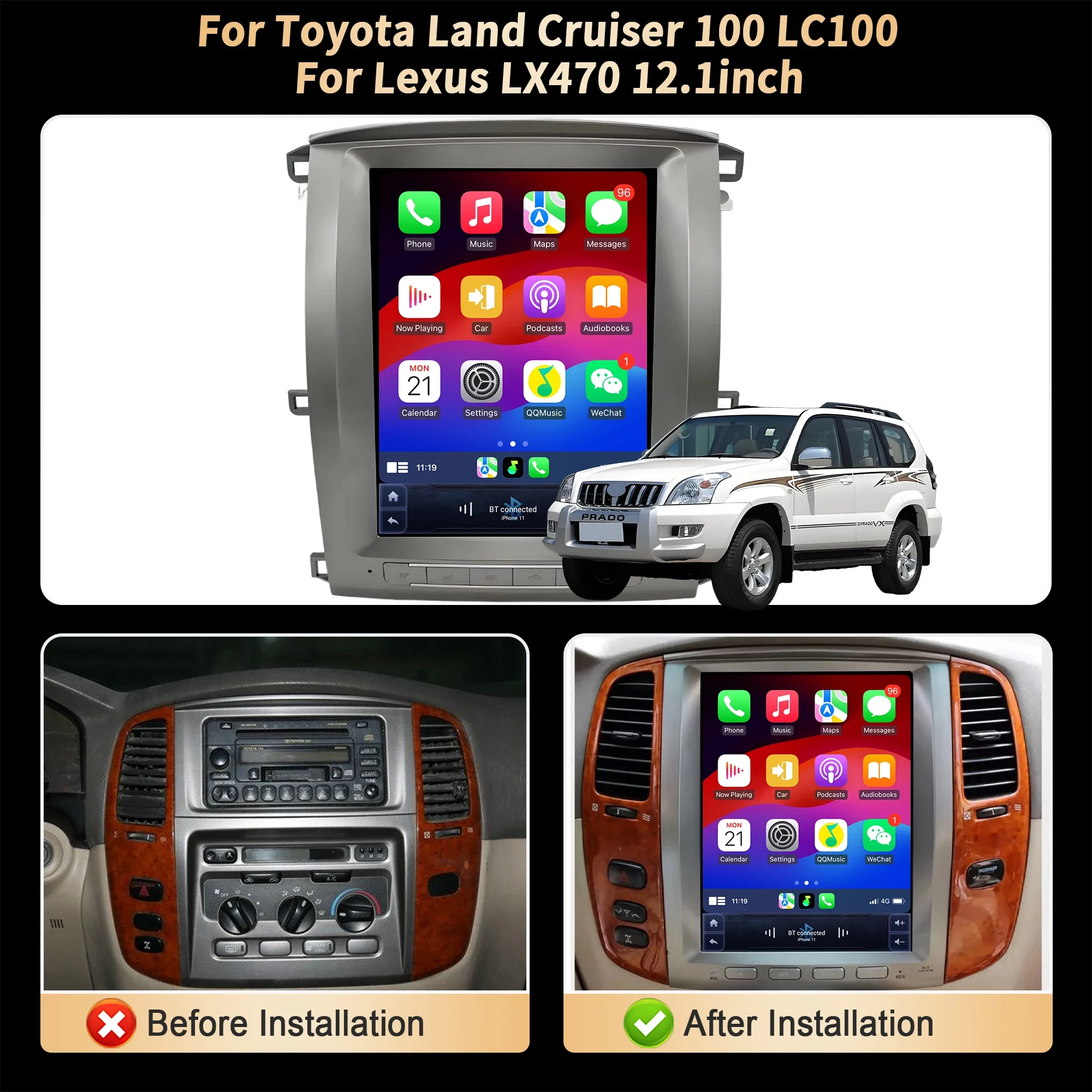 12.1inch Touch Screen Car Radio for Toyota Land Cruiser 100 LC100 Lexus LX470 4G Head Unit Wireless Bluetooth CarPlay Stereo