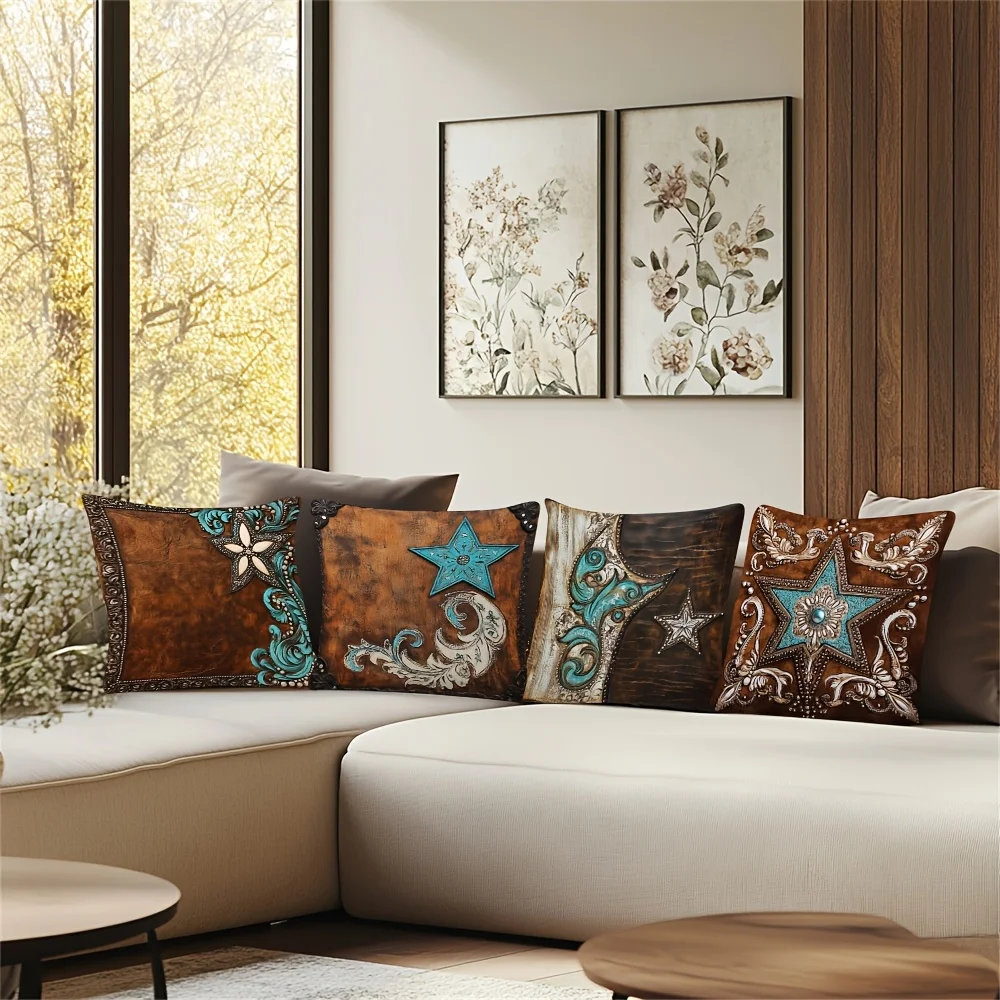 4 piezas  fundas  almohada  turquesa colorida - Poliéster suave con cremallera oculta, estrellas tropicales y patrones flo