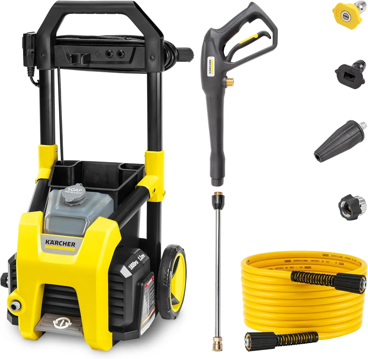 

Электрическая мойка высокого давления, 1800 PSI, 1.2 GPM, сертифицирована CETA, с 3 насадками и баком для моющего средства, для автомобилей и подъездных путей