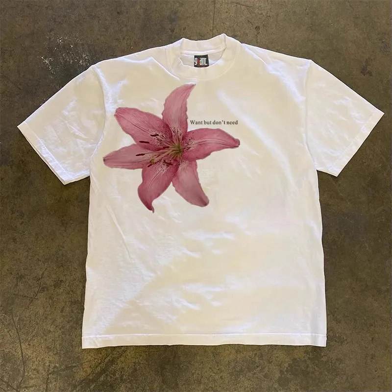Xiao Chen Story Multi-Pocket 260g Heavyweight Pure Cotton Oversize Short Sleeve T-Shirt Floral Letter Retro American Trendy Top