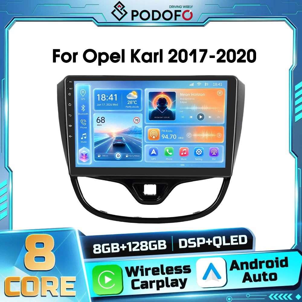 Autoradio multimediale Android 2DIN Podofo per Opel Karl 2017-2020, con Bluetooth, ricevitore FM RDS, Carplay wireless, Android Auto, navigazione GPS, WIFI e DSP.