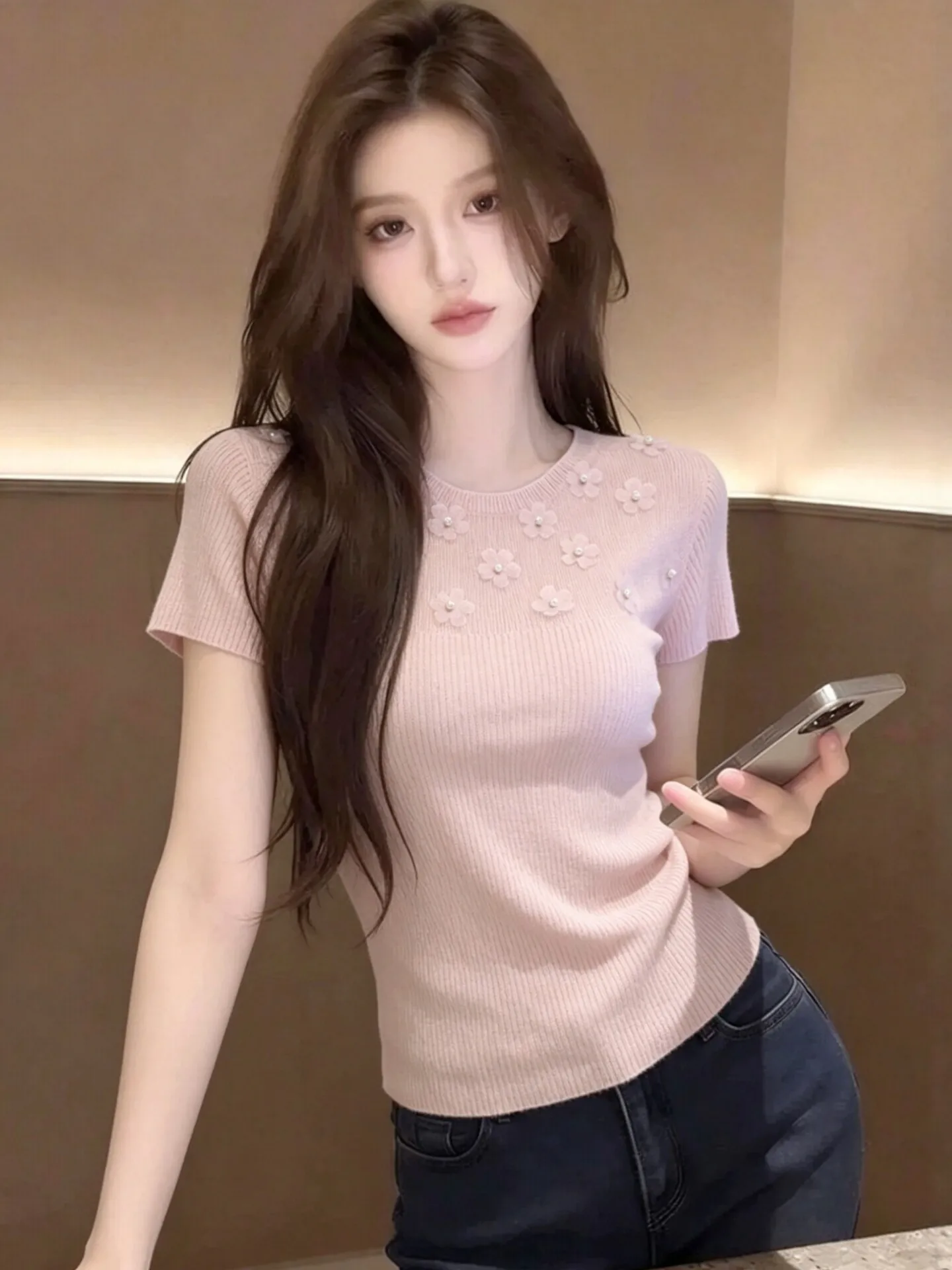 

Pink 3D Flower Ice Silk Thin Knitted Top Women's Short Sleeve Summer Design Korean Style Slim Fit Commute Fashion Knitwear