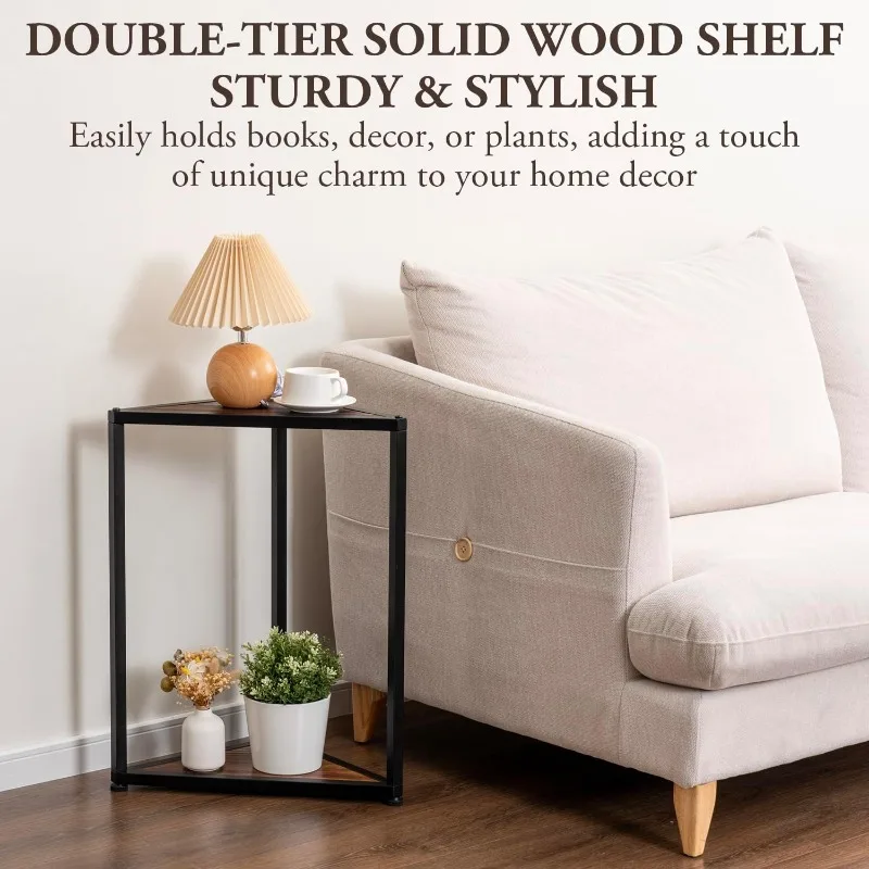 

25 Inch Tall Corner Side End Table, 2 Tier Rustic Burnt Solid Wood Shelf with Black Metal Frame Living Room Triangular Accent