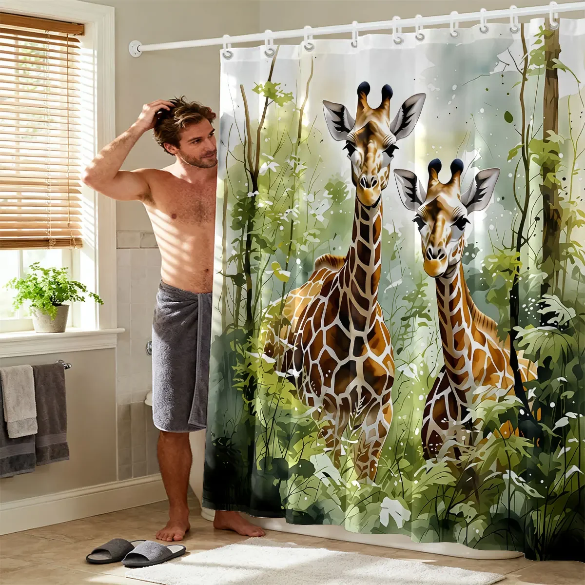 1pc Forest Giraffe Printed Shower Curtain Multi Size Bathroom Partition Privacy Hanging Curtain Fashion Home Decoration
