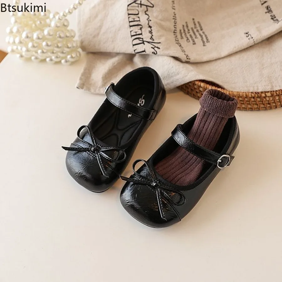 Little Girl Leather Shoes Spring Autumn Simple Bowtie Children Princess Shoes 2026 Trend Versatile Kid Causal Fashion Flat Shoes