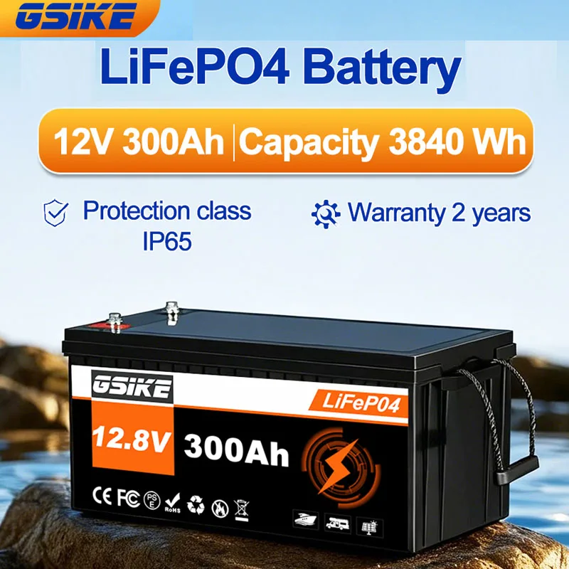 GSIKE 12V Lithium LifePO4 Battery 300AH with BMS Solar Rechargeable Energy Storage for RV Campers Golf Carts Off-Road 6000+ Cycles US Stock