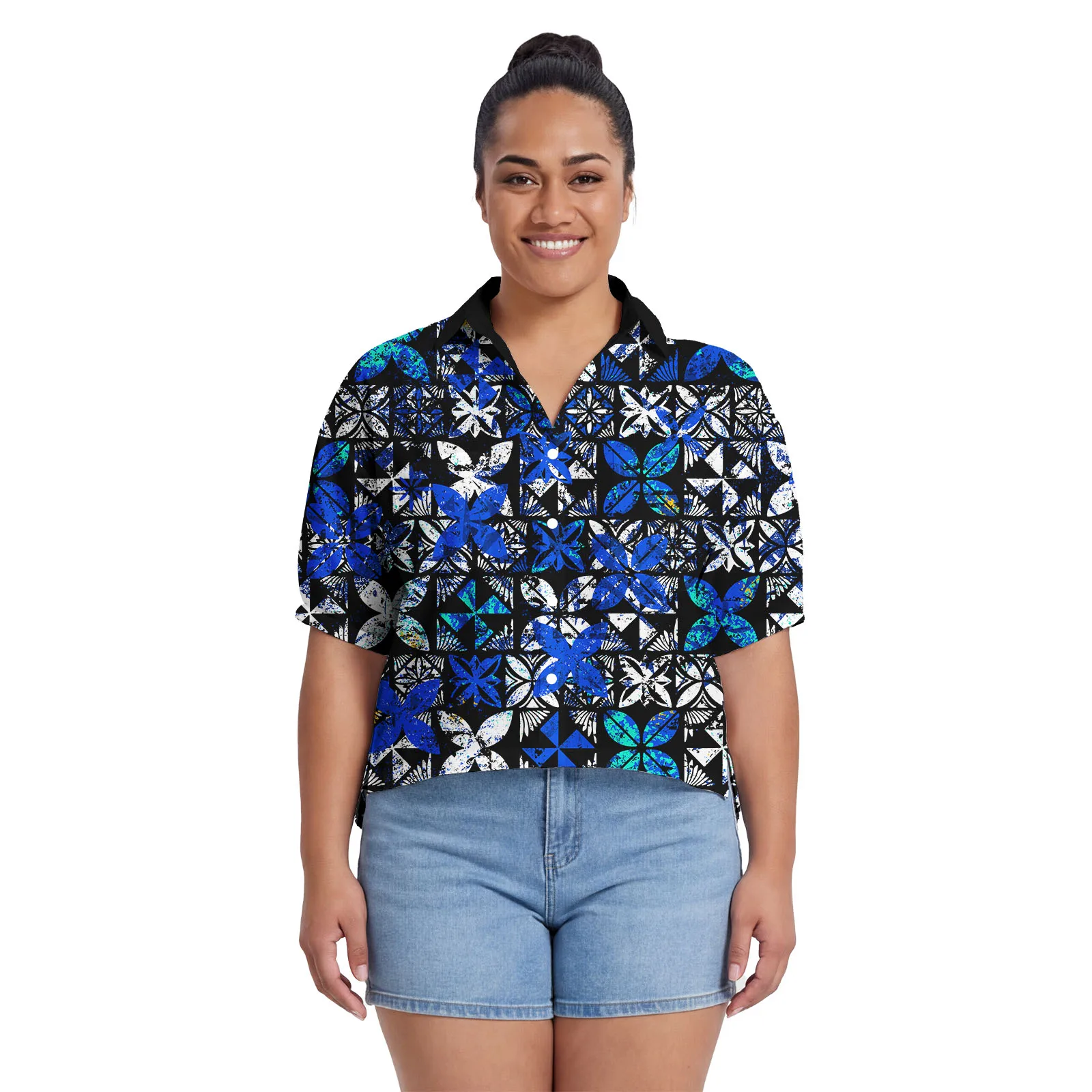 

Trendy Luxury Design Custom Ladies Blouses Samoan Breathable Clothing Polynesian Floral Print Women Wear Chiffon Top Aloha Shirt