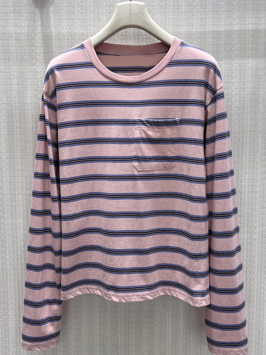 Loose Long Sleeve round Neck Pullover T-Shirt Salt And Sweet Girl 2026 Early Autumn New Powder Blue Striped Casual Top