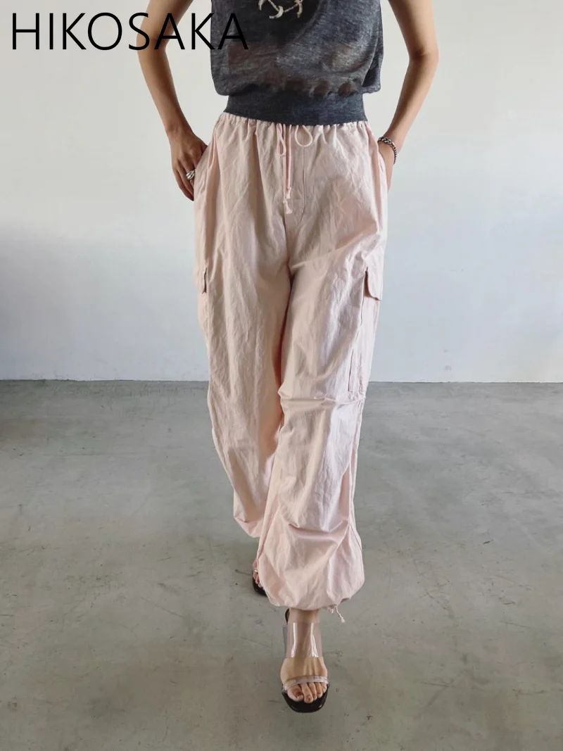 

Japanese Summer New Casual Cargo Pants Women Drawstring Belt Loose Wide Leg Trousers Solid Simple Pockets Pantalones Mujer