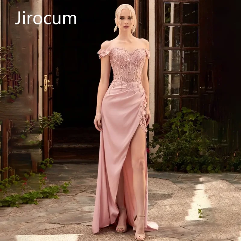 Jirocum sexy sereia vestido de baile renda frisada feminino formal festa vestidos de noite cetim de seda fora do ombro lado split vestido de natal