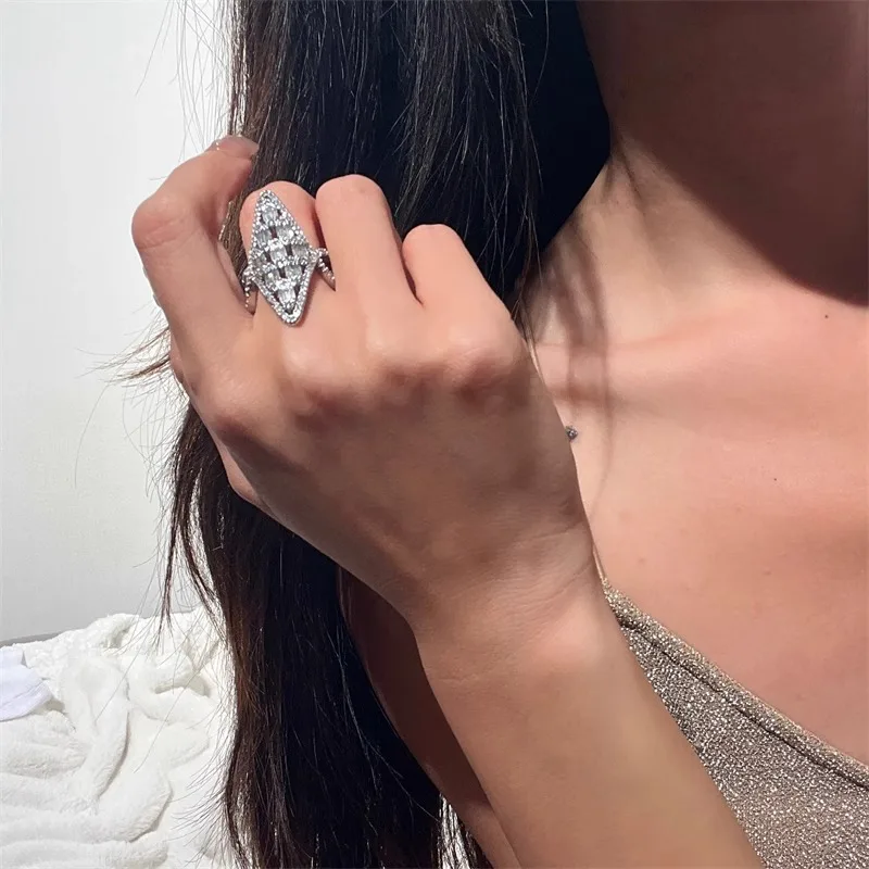 PANJBJ 925 Sterling Silver Geometry Zircon Rings For Women Girl Hollow Out Retro Exaggerated Jewelry Banquet Gift Dropshipping