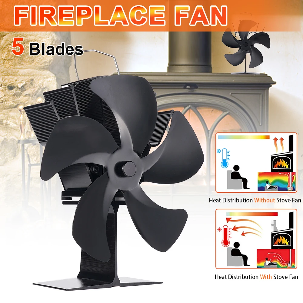 5 Blades Heat Powered Stove Fan Fireplace Fan Log/Wood/Pellet Burner Ecofan Quiet Efficient Heat Distribution Home Fireplace Fan