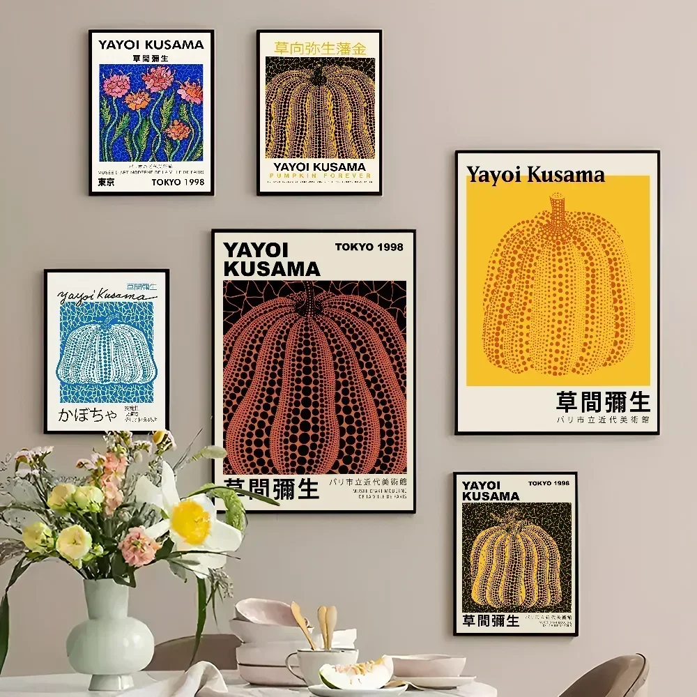 Yayoi Kusama Art Exhibition Pumpkin Flower Classic Vintage Posters Waterproof Paper Sticker Coffee House Bar Home Decor