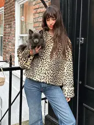 Round Neck Leopard Print Short Jacket Women Autumn Winter Hidden Button Coat Lady 2024 Fashionable Commuting Loose Jacket ﻿