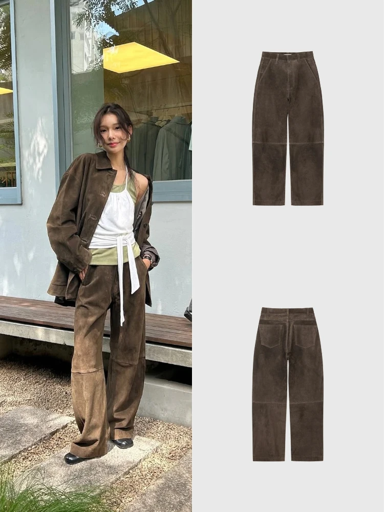 

Suede Wide Leg Pants Women's Vintage High Waist Slimming Drapey Casual Floor-Length Trousers Autumn Collection