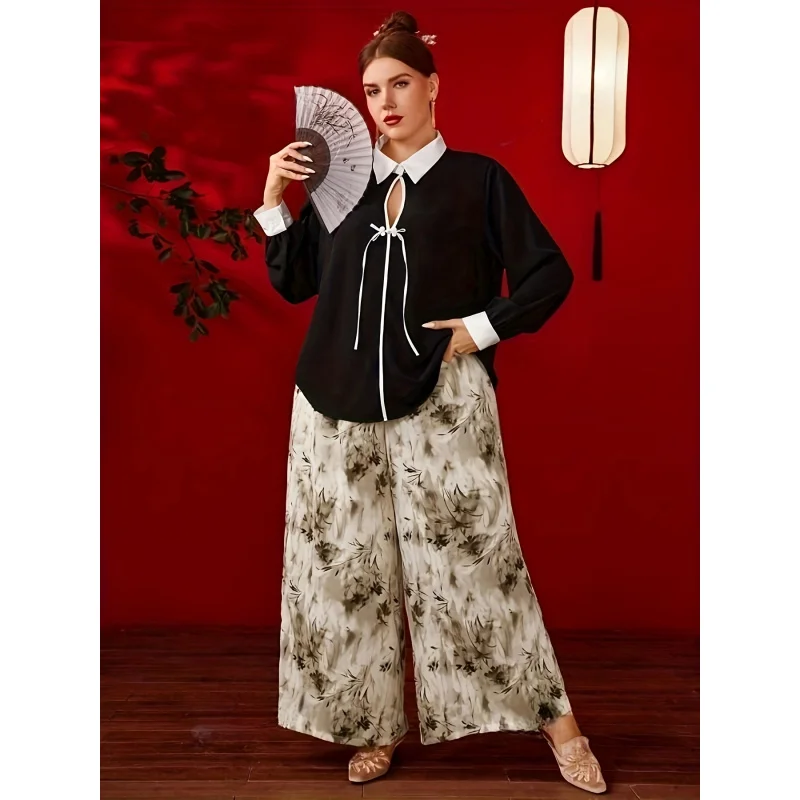 

Plus-Size Printed Chinese Style Women'S Elegant Loose Wide-Leg Pants