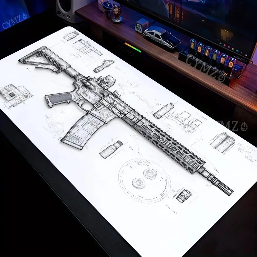AR Rifle and Parts Drawings Large Mouse Pad Desk Mat with Stitched Edge Anti-Slip Durable Offices Accessories Gaming Mouse Mat