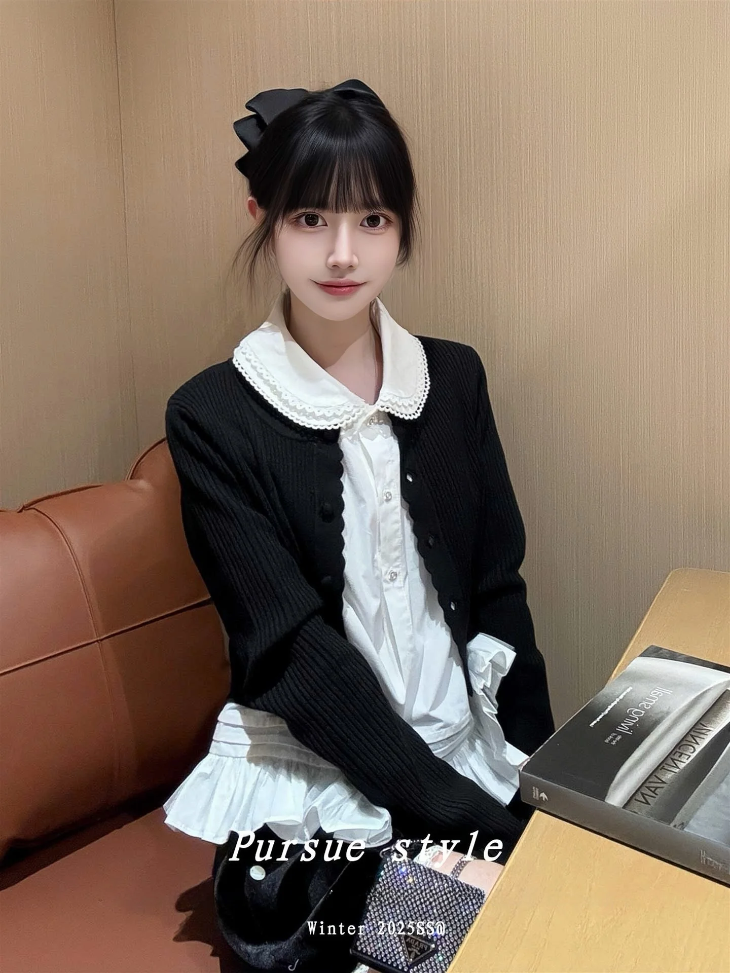 

White Doll Collar Shirt Women's Knitted Cardigan Design Sensation Light Wrapping Two-Piece Set Autumn Fashion Casual Home Date