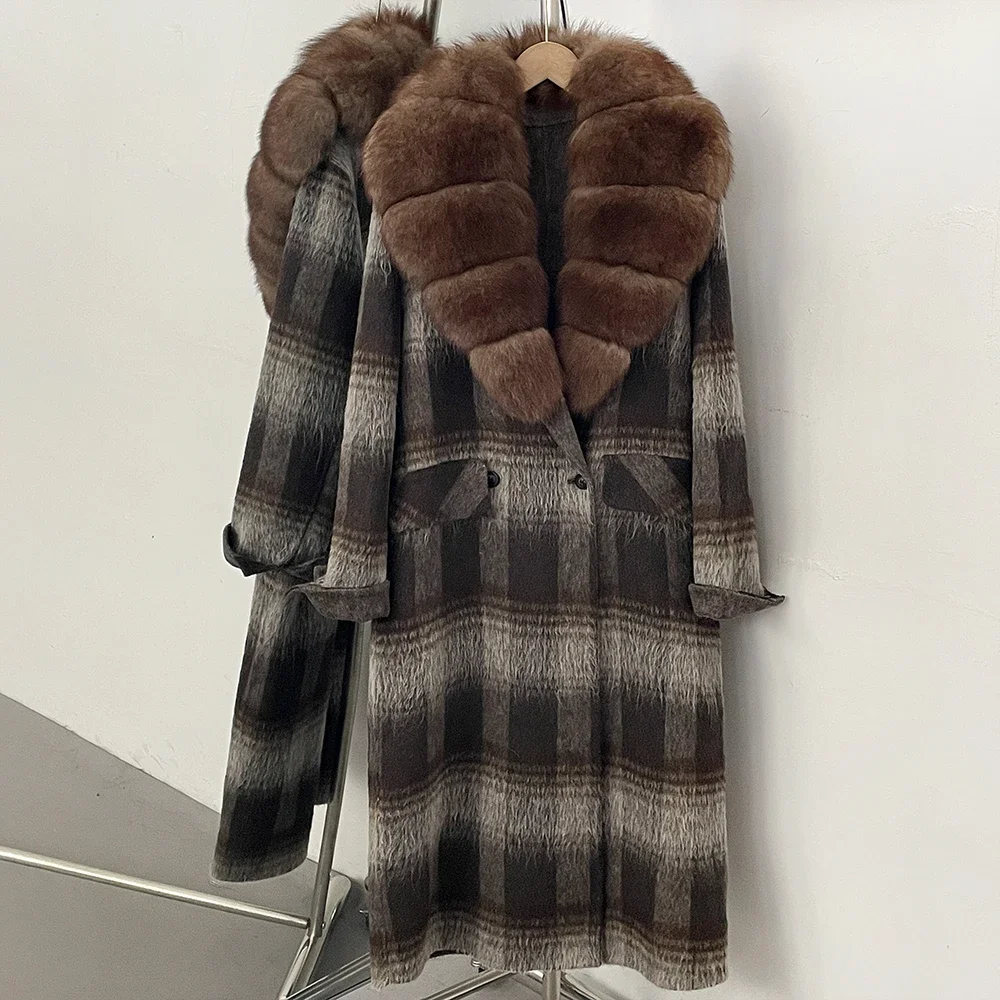 OFTBUY New Warm Winter Outerwear for Female Mid Long 100% Wool Coat Women Real Fox Fur Lapel Collar Vintage Plaid Woolen Jacket