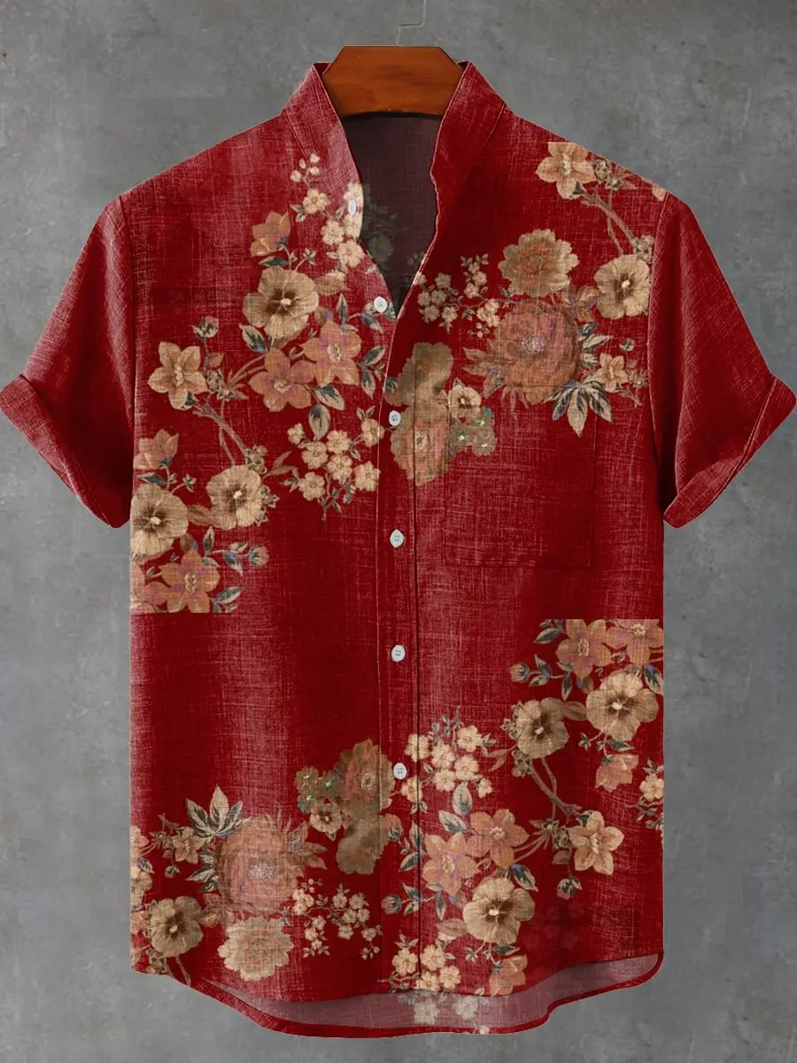 Men's Retro Linen Shirt Summer Cool Comfortable Short Sleeve Japanese Elegant Art Pattern Printed Button-Up Top