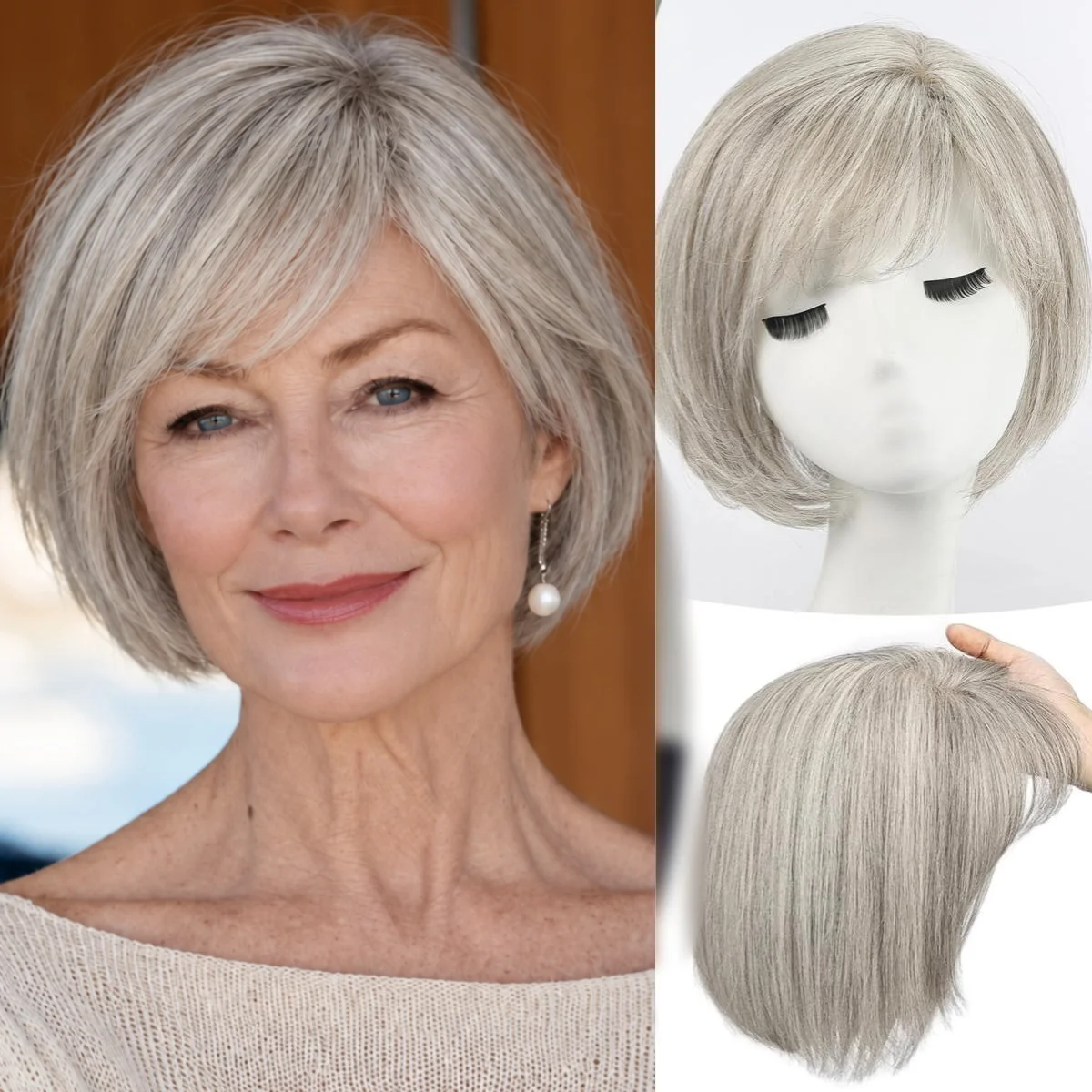Gray Human Hair Toppers Women Short Bob Real Hair with Bangs 10 Inch Side Part Hairpieces Thin Hair 6.5x6.5 Large Base Toppers