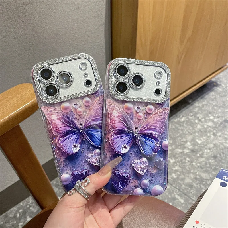 Luxuriöse glänzende Diamant-lila Schmetterlingsmuster-Handyhülle für iPhone 17, 16, 15, 14, 13, Pro Max, glitzernde Linsenfolie, stoßfeste Abdeckung