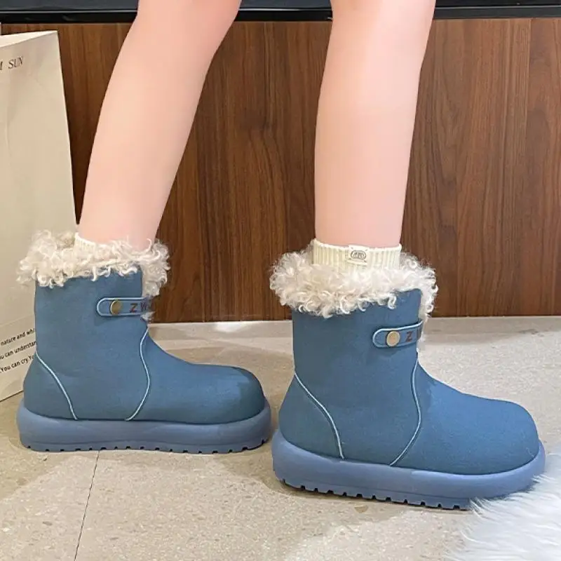 Metal Buckle Decorate Casual Snow Boots Faux Suede Warm Lambswool Women Ankle Boots Winter Thick Sole Non Slip Mid-Calf Booties