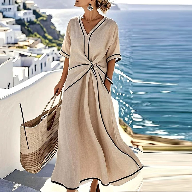 Summer Women Maxi Dress Boho O Neck Sleeveless Beach Holiday Dress Women Casual Loose Pocket Party Long Dress Boho Robe