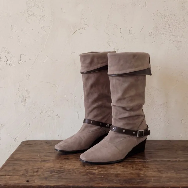 Women's Ankle Boots Retro Western Cowboy Boots Women New Belt Buckle Knight Boots for Women 2026 New Fashion Shoe Botas Feminina