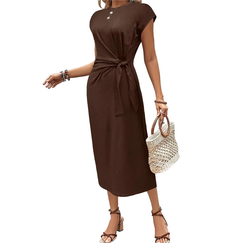 

【Party-Decoration】Women's Summer Round Neck Casual Elegant Waist Tie Short Sleeve Long Dress