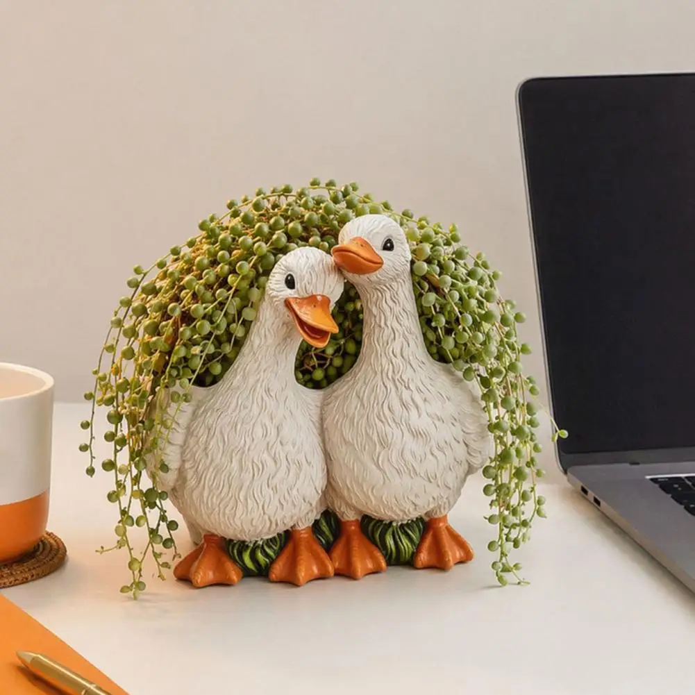 Light-resistant Pot Pothos Planter Resin Flowerpot Set Couple Duck Shape Planters with Drainage Holes Non-slip Base Decorative