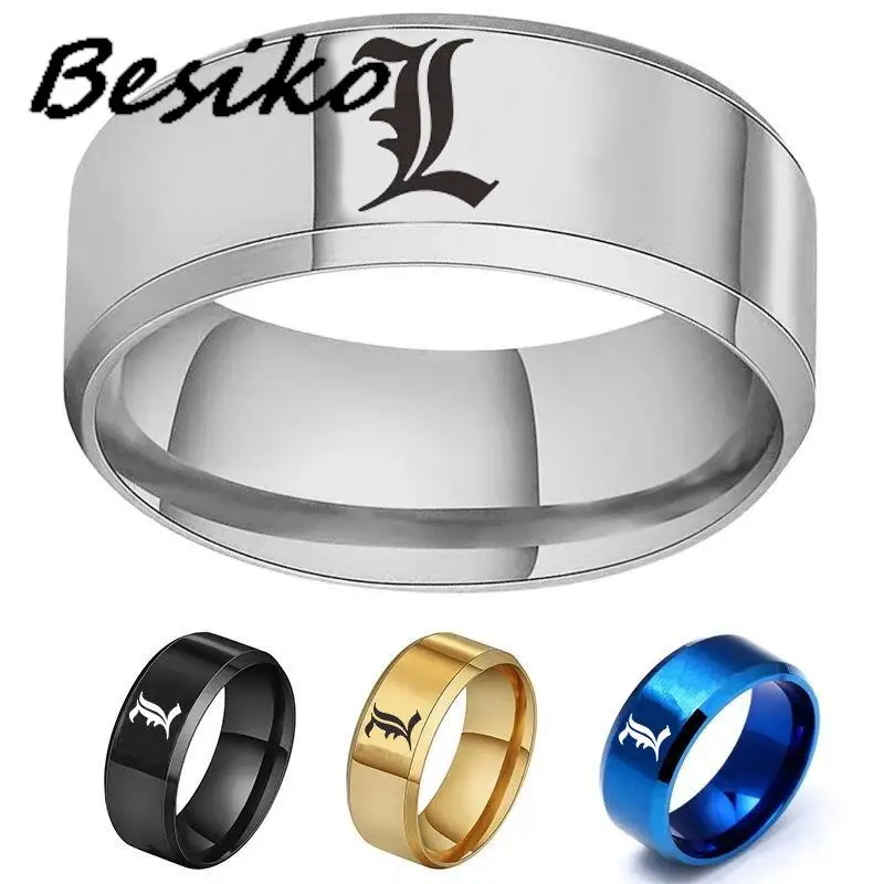 

Besiko 8mm Death Note L Letter Stainless Steel Finger Rings Anime Cosplay Yagami Light Jewelry Accessories Punk Women Men Rings
