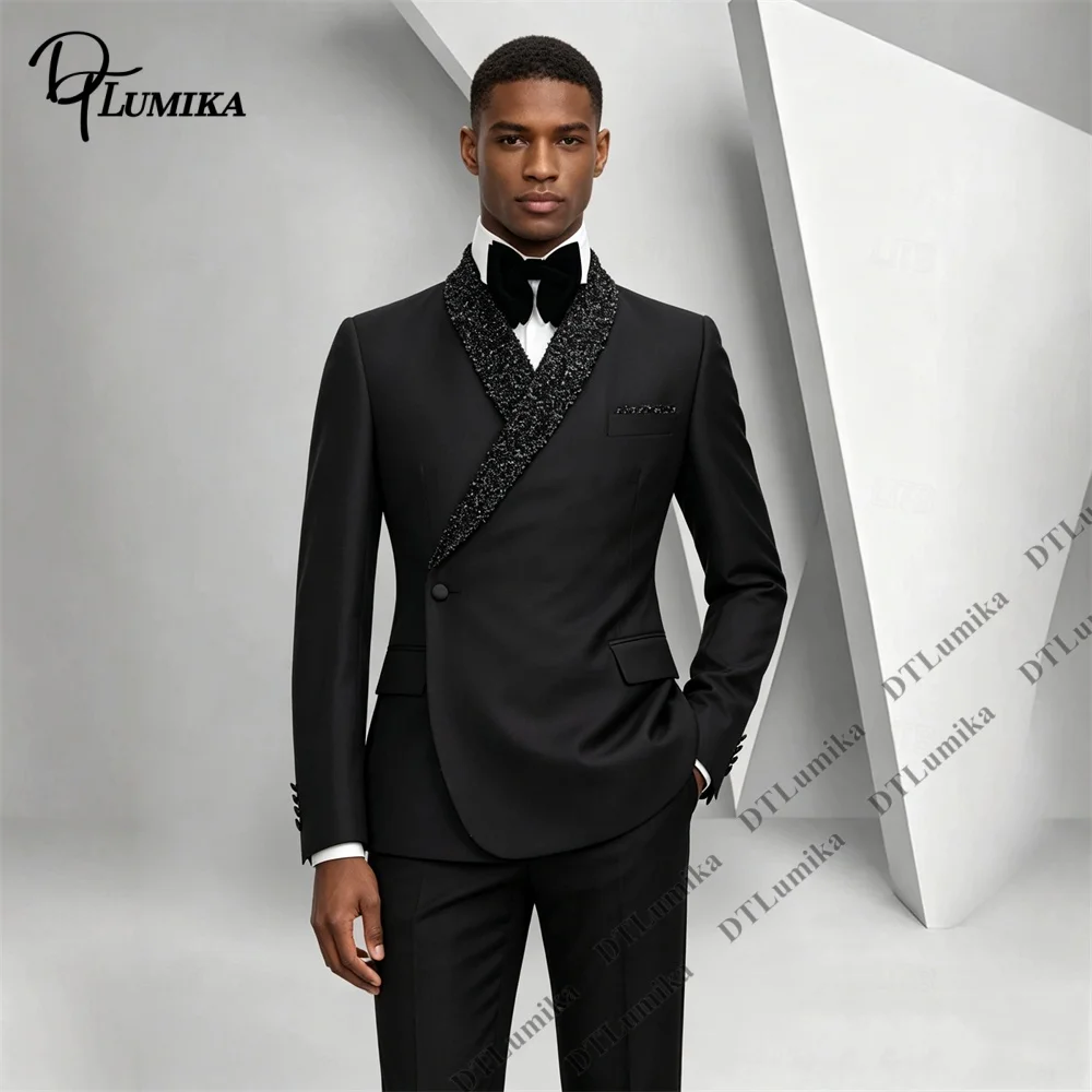 Men's 2 Piece Black Tuxedo Suit Beaded Shawl Lapel Asymmetric Closure Slim Fit Wedding Groom Prom Formal Dinner Blazer Pants