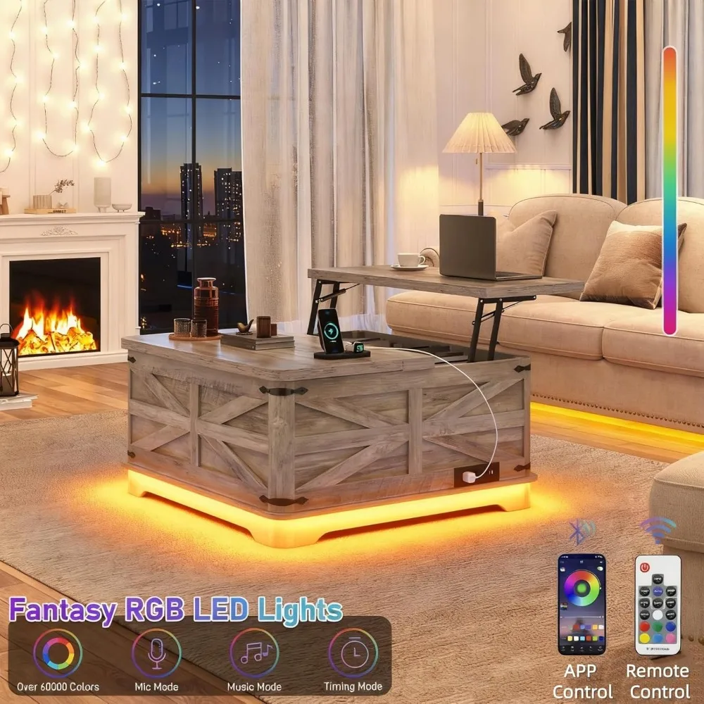 LED Lift Top Coffee Table with Storage, Power Outlets, Square Wood Living Room Table, Large Hi-End Furniture