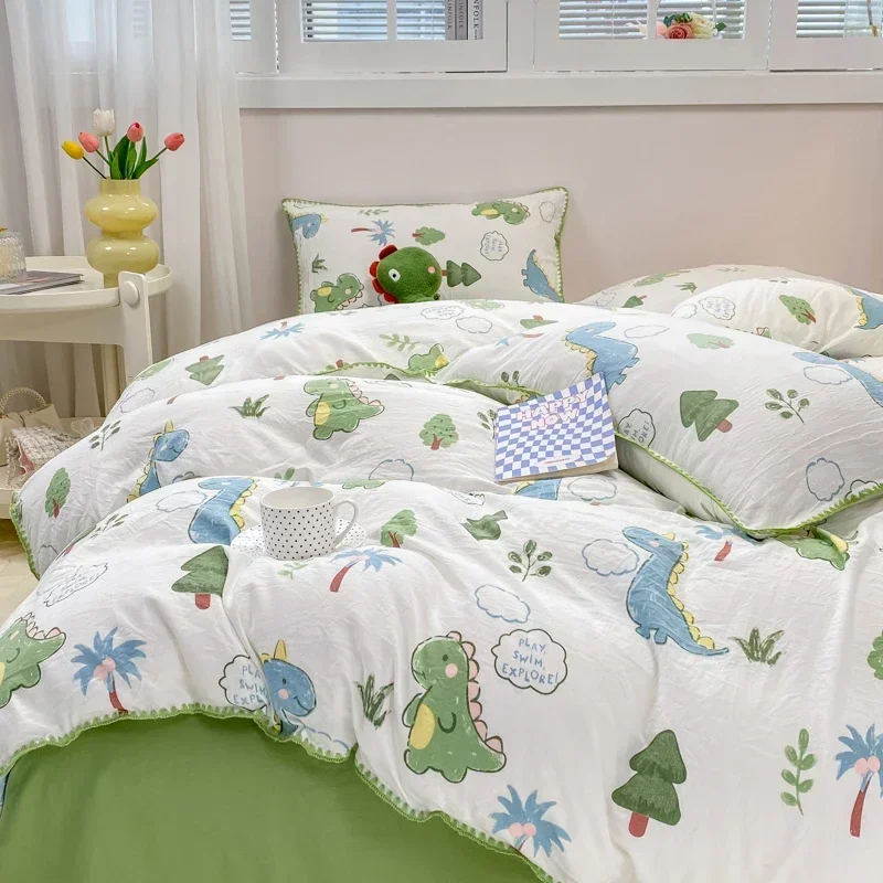 Cartoon Dinosaur Bedding Set Bed Flat sheet Pillowcase Twin Full Queen Princess Style Bed Linen Kids Girls Duvet Cover No Filler