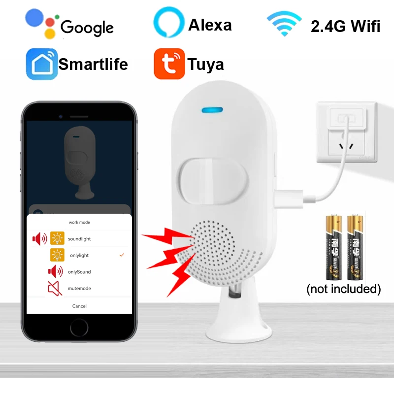 Sensor de movimiento PIR TUYA WIFI, Detector de movimiento, Sensor de presencia humana, alarma de luz de sonido, compatible con asistente de Google,