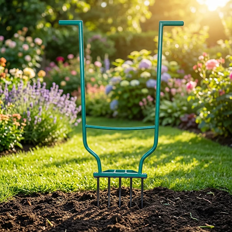 Horquilla de Metal Resistente de 240 x 42 cm con 5 Púas, Mango en Forma de L Ergonómico, Resistente al Óxido, Horquilla Ancha de Acero Verde para Jardín