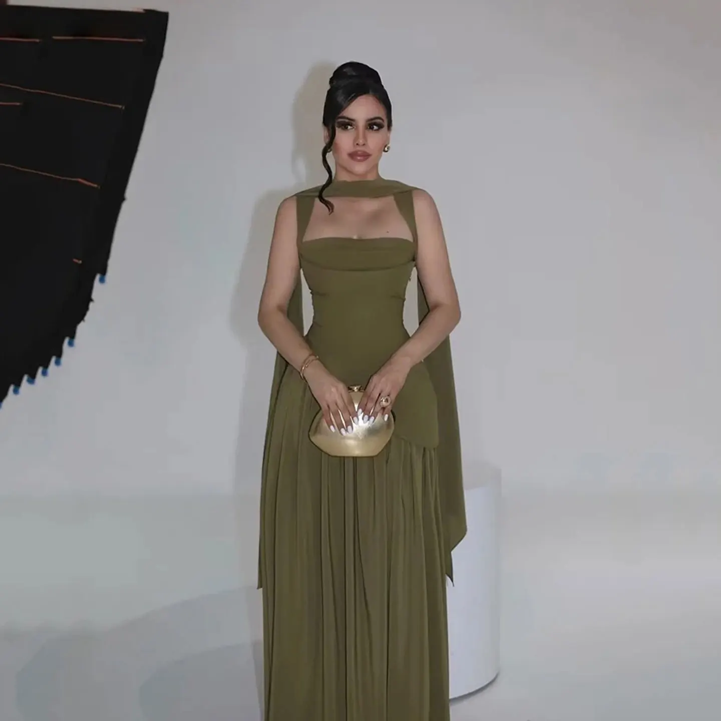 Vestido de Noche Formal Árabe Saudí de Gasa con Cuello Cuadrado, Fruncido, Corte A y Pañuelo, para Fiesta de Gala o Invitada de Boda, Personalizado MN114