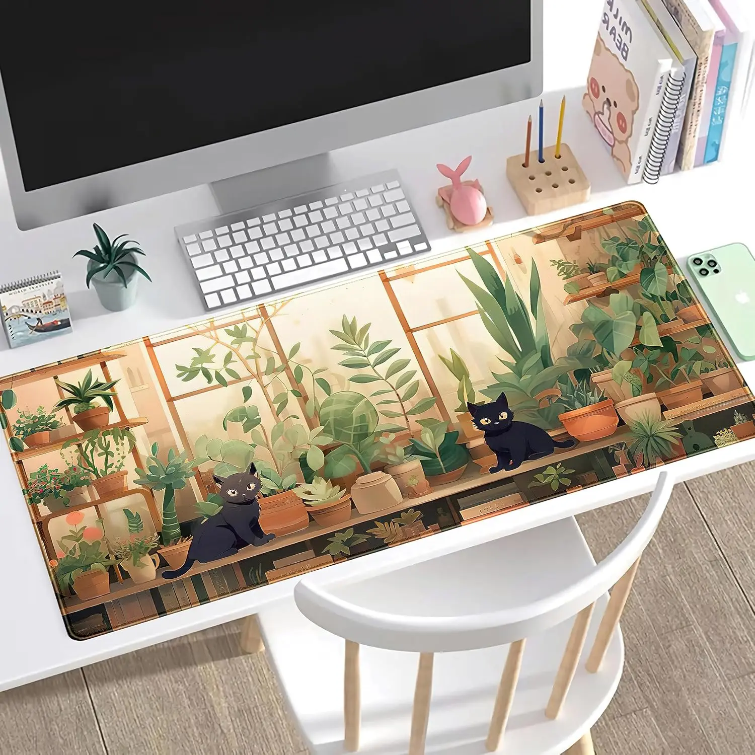 Green Plant Large Mouse Pad Anime Cat Non-Slip Rubber XXL 90x40 Gaming Computer Laptop Keyboard Desk Mats Office Decor for Women