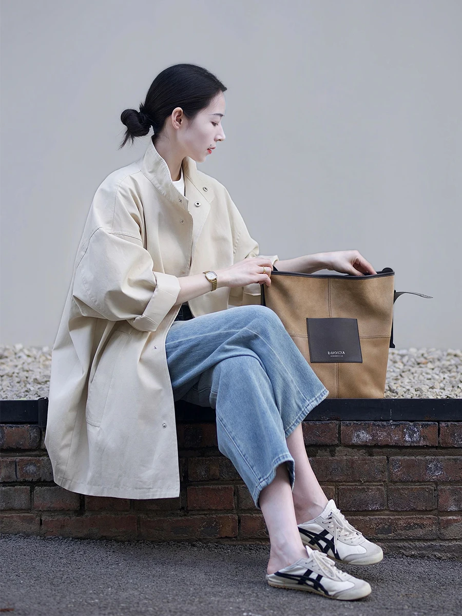 

Off Casual Sle Women's Windbreaker Jaet Spring Autumn New Loose Workwear Simple Design Korean Version Button Detail