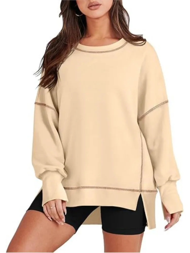 Women Solid Color Casual Round Neck Tops Fashion Side And Sleeve Slit Design Pullovers Autumn Long Sleeve Commute Ladies Outfits