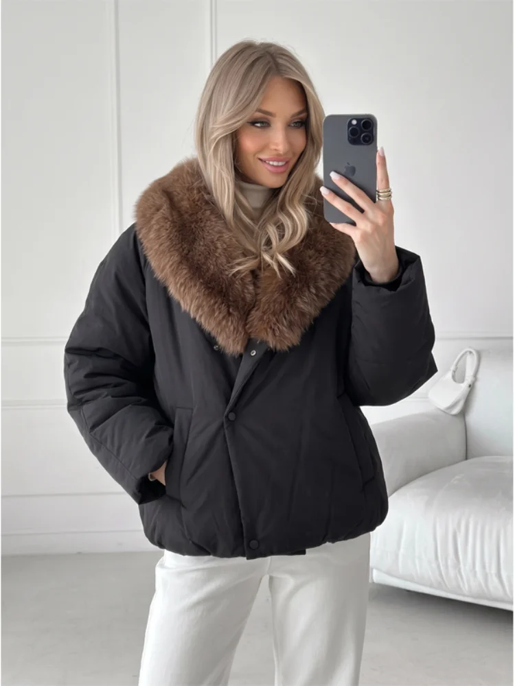 Winter Black Fur Collar Padded Coat Single Breasted Oversized Bubble Puffer Windproof 2026 Winter Chic Vintage Fashion Jacket