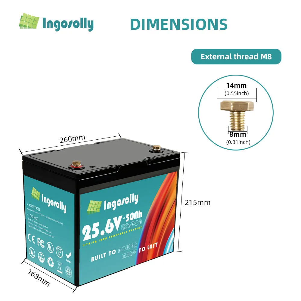 INGEOSOLLY 24V 50Ah Lifepo4 Battery Power Batteries For 1280W 29.2V RV Campers Golf Cart Off-Road Off-grid Solar Wind