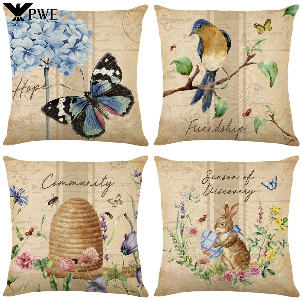 Funda de almohada de Pascua, funda de almohada con forma de huevo de conejo, decoración del hogar de granja de primavera, funda de cojín con flores, pájaros, mariposas, fundas de almohada de Pascua