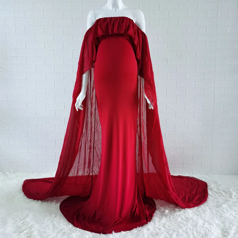 New Summer Maternity Photography Props Long Dress With Cape Slash Neck Stretchy Fitting Maternity Dresses For Photography