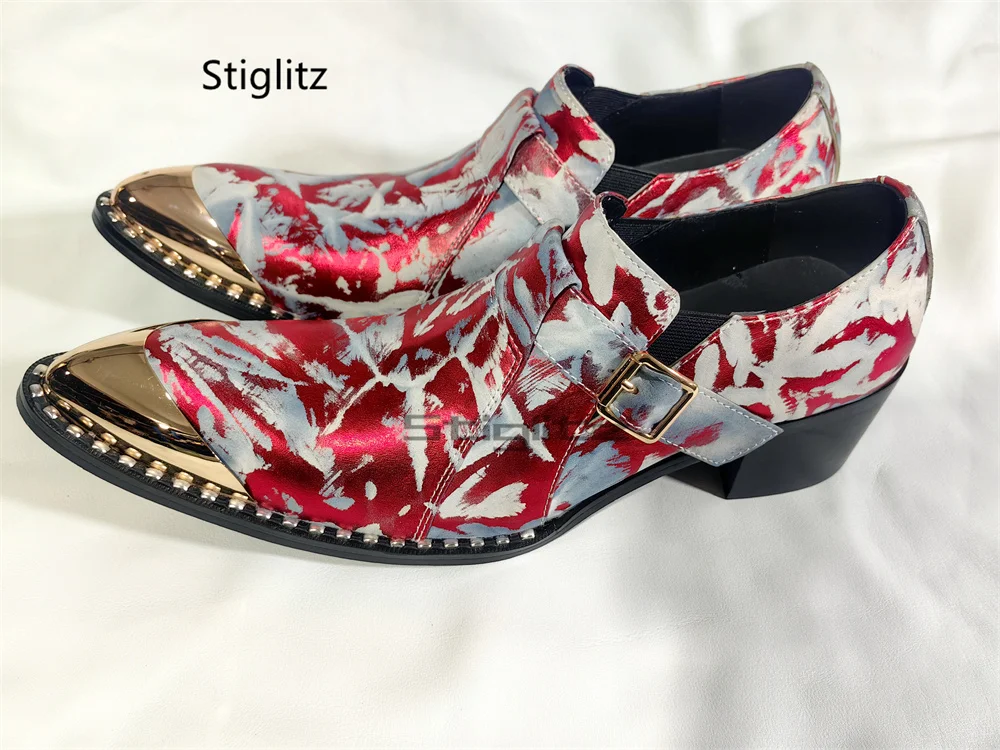 Men's Red White Floral Print Leather Shoes Golden Metal Pointed Toe Block Heel Buckle Strap Dress Wedding Shoes Big Size 37-48