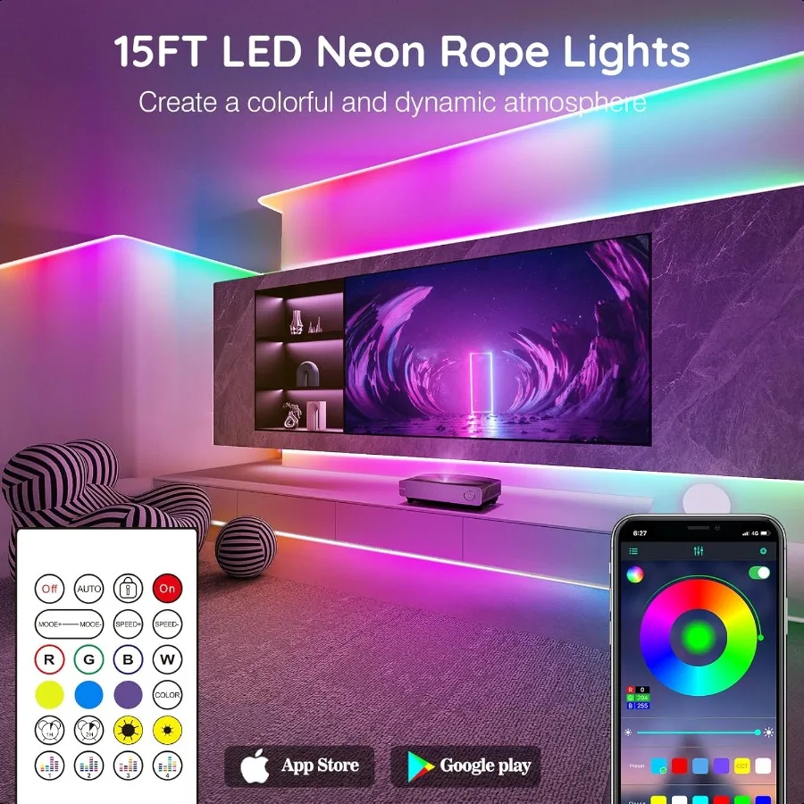 Led Neon Rope Lights 15FTControl with App Remote Flexible Led Rope Lights Multiple Modes IP68 Outdoor RGB Neon Lights Waterproo