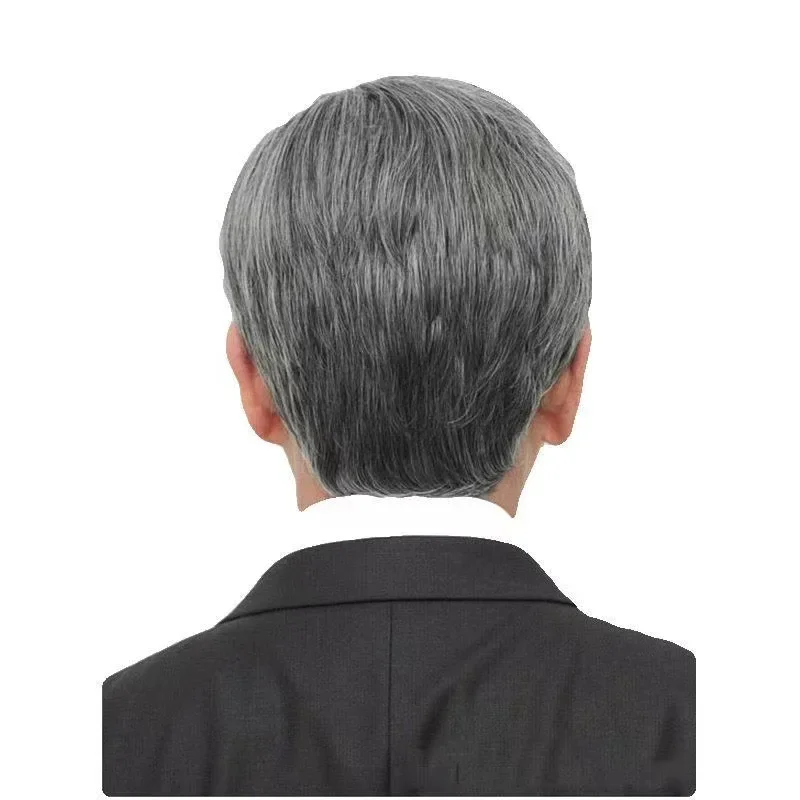 باروكة شعر قصيرة مريحة وخفيفة الوزن للرجال في منتصف العمر وكبار السن، لون أبيض واقعي، كتل شعر من الألياف الآسيوية للبيع بالجملة