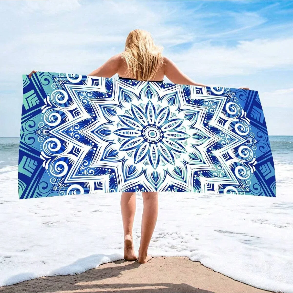 1pc Style Blue Mandalay Pattern Beach Towel,Ultra-Fine Fiber Beach Blanket,Highly Absorbent Bath Towel,Suitable For Summer