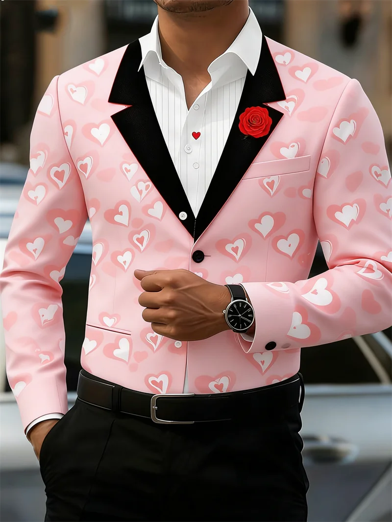 New Men's Long Sleeved Shirt with Gold 3D Heart Print, Fashionable and Luxurious Long Sleeved Shirt Top